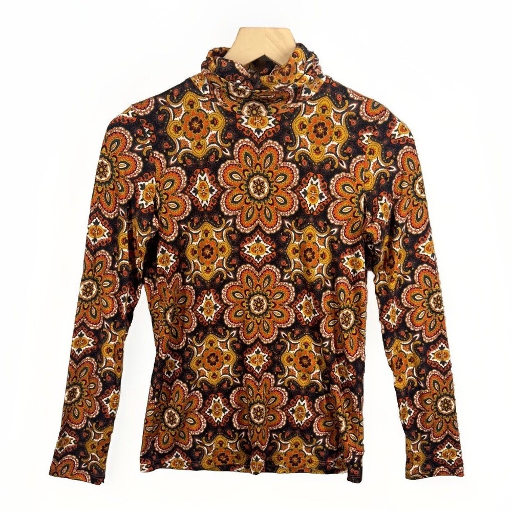 Cara Cara Piper Top Scarf Medallion Turtleneck Womens XS Paisley Orange Black EC - Picture 2 of 9